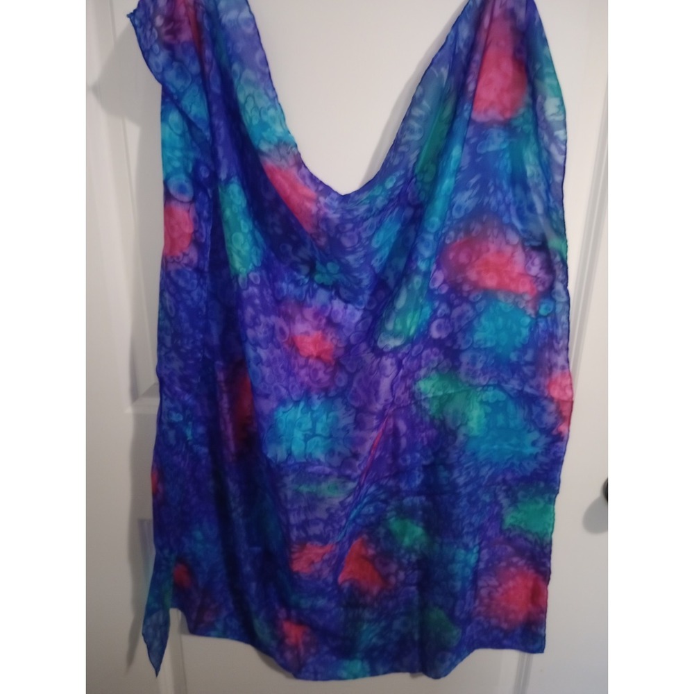 Pure‎ Silk Chiffon Scarf 32x35 Abstract Batik Blue Purple Teal Pink Sheer Square